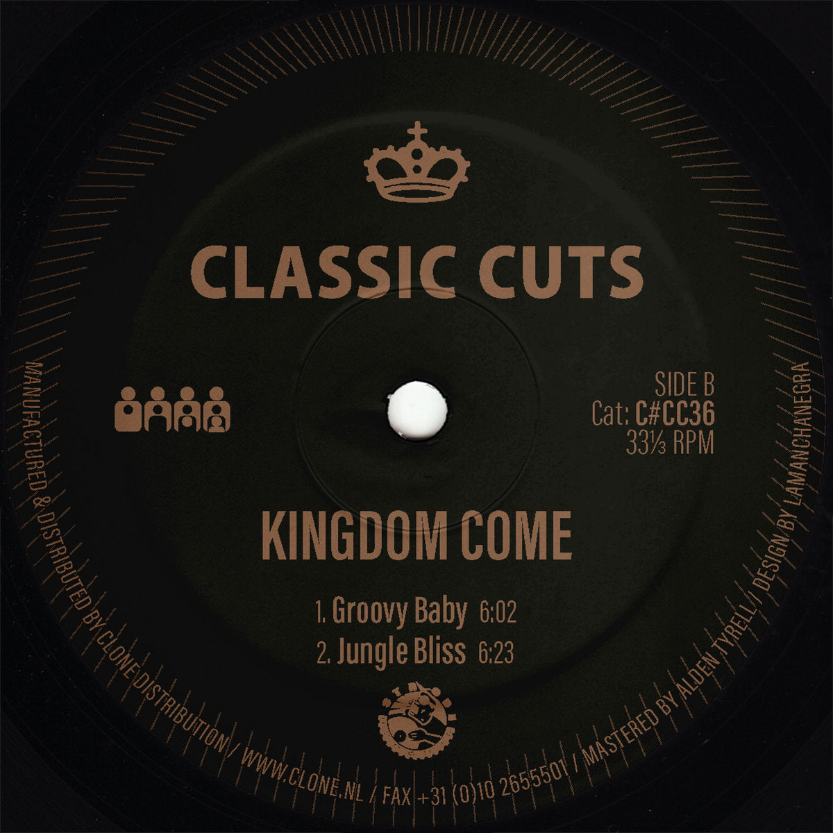 Etiqueta central del lado B del vinilo The Hayden Andre Project / Kingdom Come – Tribal Life / Groovy Baby EP, editado por Clone Classic Cuts, con las pistas “Groovy Baby” (6:02) y “Jungle Bliss” (6:23), créditos visibles a Alden Tyrell en masterización y diseño por Lamanchanegra.
