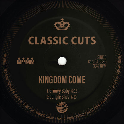 Etiqueta central del lado B del vinilo The Hayden Andre Project / Kingdom Come – Tribal Life / Groovy Baby EP, editado por Clone Classic Cuts, con las pistas “Groovy Baby” (6:02) y “Jungle Bliss” (6:23), créditos visibles a Alden Tyrell en masterización y diseño por Lamanchanegra.
