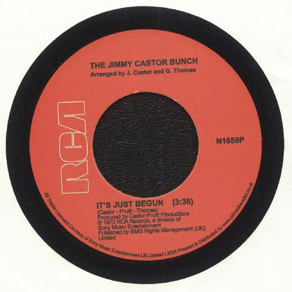 Etiqueta roja del vinilo The Jimmy Castor Bunch – It's Just Begun / Troglodyte (Cave Man) en formato 7", 45 RPM de RCA, mostrando el lado A con la pista “It’s Just Begun”, créditos visibles y catálogo N1659P.