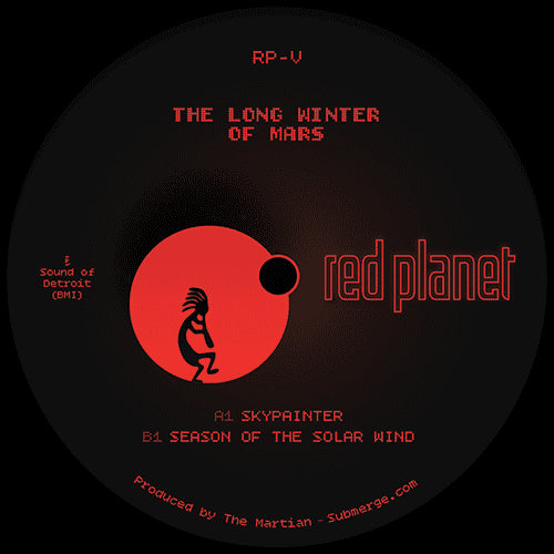 Lado A del vinilo The Martian – The Long Winter Of Mars, etiqueta Red Planet con arte rojo y créditos, incluye A1 Skypainter y B1 Season Of The Solar Wind, formato 12" reedición.