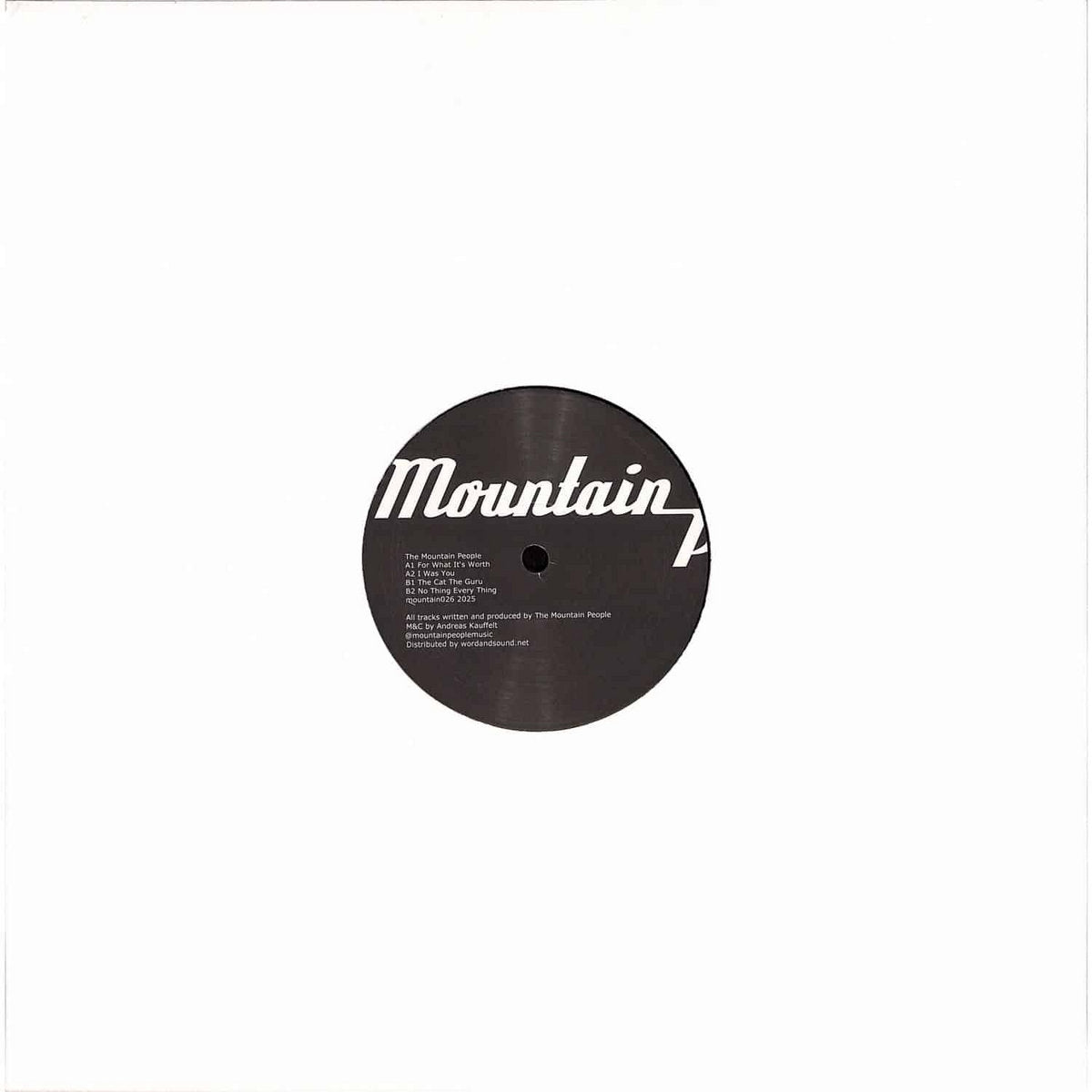 Portada del vinilo The Mountain People – The Cat The Guru 12" en funda blanca minimalista del sello Mountain People, diseño sobrio con etiqueta central visible sobre fondo limpio, ideal para DJs y coleccionistas.