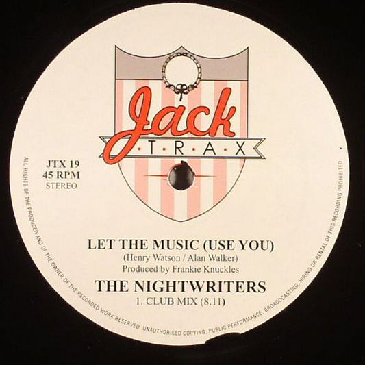 Etiqueta central del vinilo The Nightwriters – Let The Music (Use You) en el sello Jack Trax, edición 12" reedición. Se aprecia el logotipo clásico en rojo y gris, créditos de producción de Frankie Knuckles, duración del Club Mix (8:11) y número de catálogo JTX 19, todo sobre fondo blanco limpio. Ideal para coleccionistas y DJs que aman el sonido house original.