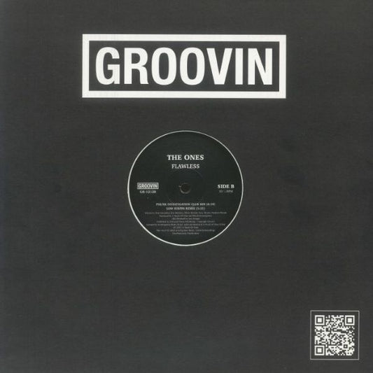 Contraportada del vinilo The Ones – Flawless en funda negra de Groovin Recordings, muestra el lado B con remixes y créditos.