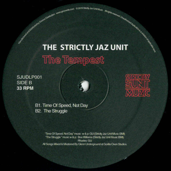 Etiqueta central del vinilo The Strictly Jaz Unit – The Tempest lado B con “Time Of Speed, Not Day” y “The Struggle”, diseño minimalista de Strictly Jaz Unit Muzic.