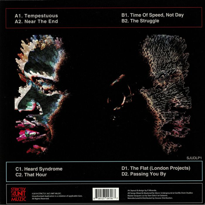 Contraportada del vinilo The Strictly Jaz Unit – The Tempest con listado completo de pistas A1–D2 y arte visual fragmentado en fondo negro.