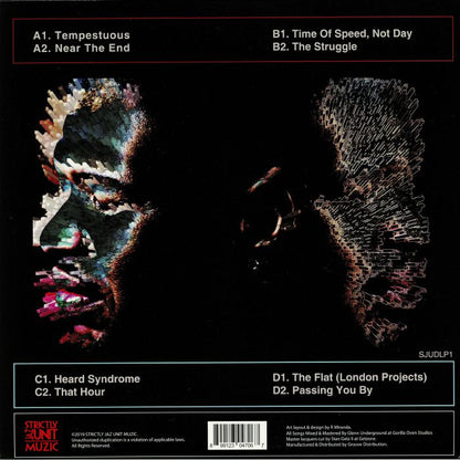 Contraportada del vinilo The Strictly Jaz Unit – The Tempest con listado completo de pistas A1–D2 y arte visual fragmentado en fondo negro.