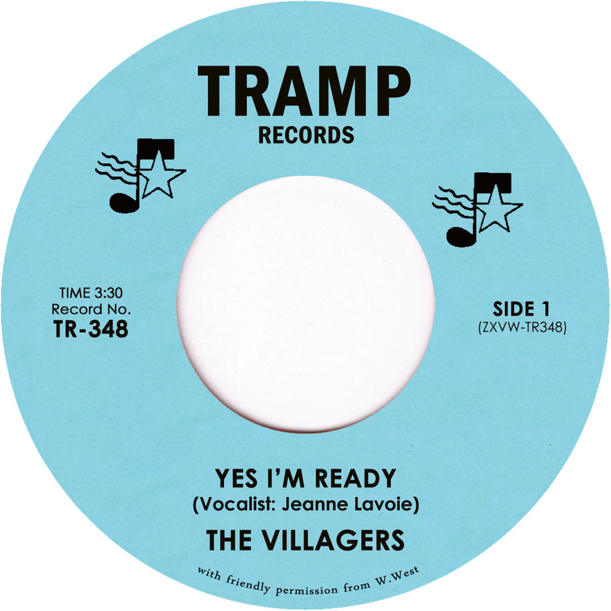 Etiqueta central azul del vinilo The Villagers – Yes I'm Ready de Tramp Records, lado A, con créditos, duración y número de catálogo TR-348 claramente visibles.