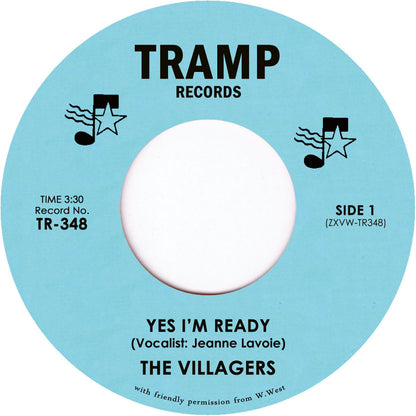Etiqueta central azul del vinilo The Villagers – Yes I'm Ready de Tramp Records, lado A, con créditos, duración y número de catálogo TR-348 claramente visibles.