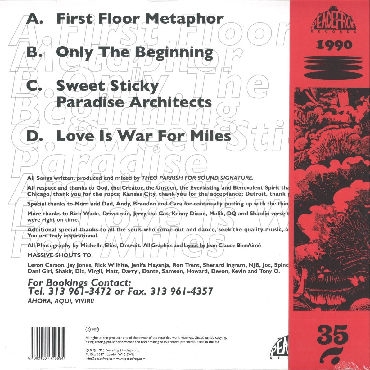 Contraportada del vinilo Theo Parrish – First Floor (Part 1), listado de pistas A-D, créditos y texto sobre fondo limpio.