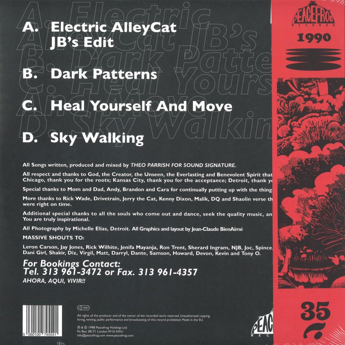 Contraportada del vinilo Theo Parrish – First Floor (Part 2), tracklist claro A-D con créditos y detalles de Peacefrog Records en formato doble 12" ahumado.