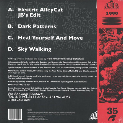 Contraportada del vinilo Theo Parrish – First Floor (Part 2), tracklist claro A-D con créditos y detalles de Peacefrog Records en formato doble 12" ahumado.