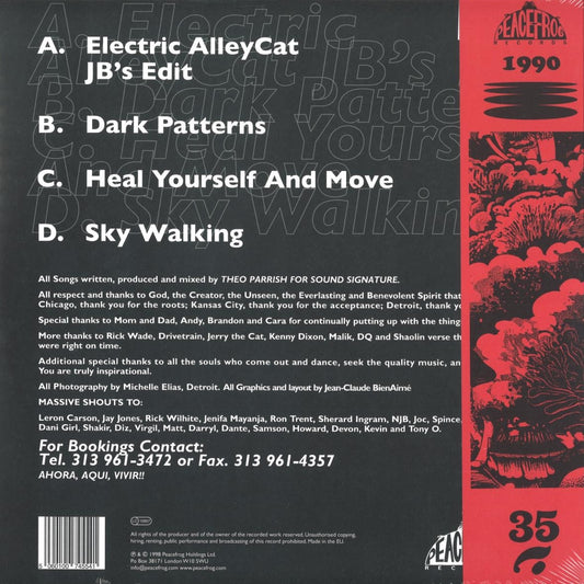 Contraportada del vinilo Theo Parrish – First Floor (Part 2), tracklist claro A-D con créditos y detalles de Peacefrog Records en formato doble 12" ahumado.