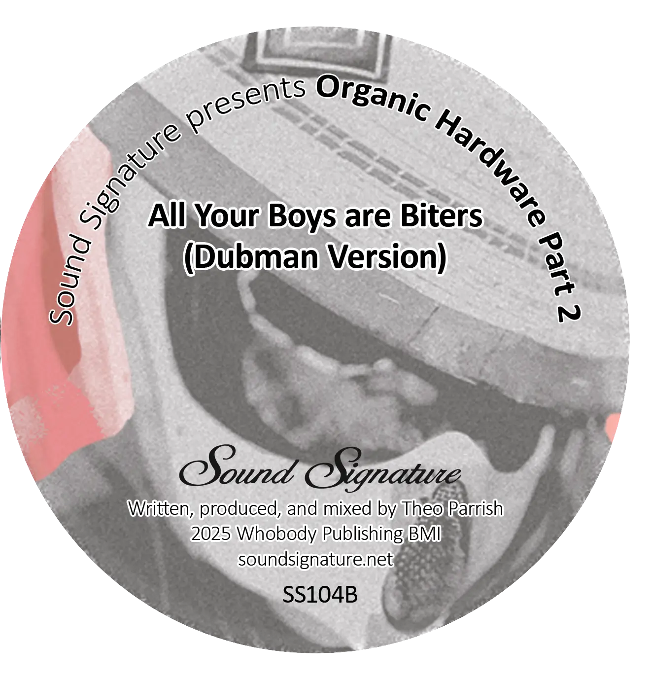 Lado B del vinilo Theo Parrish – Organic Hardware Part 2: etiqueta gris con All Your Boys are Biters (Dubman Version), logo Sound Signature y código SS104B.