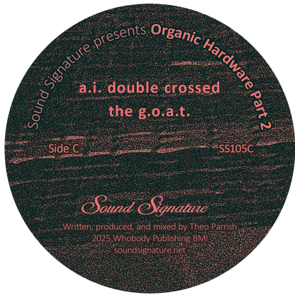 Lado C del vinilo Theo Parrish – Organic Hardware Part 2: label oscuro con a.i. double crossed the g.o.a.t., Side C y referencia SS105C en Sound Signature.