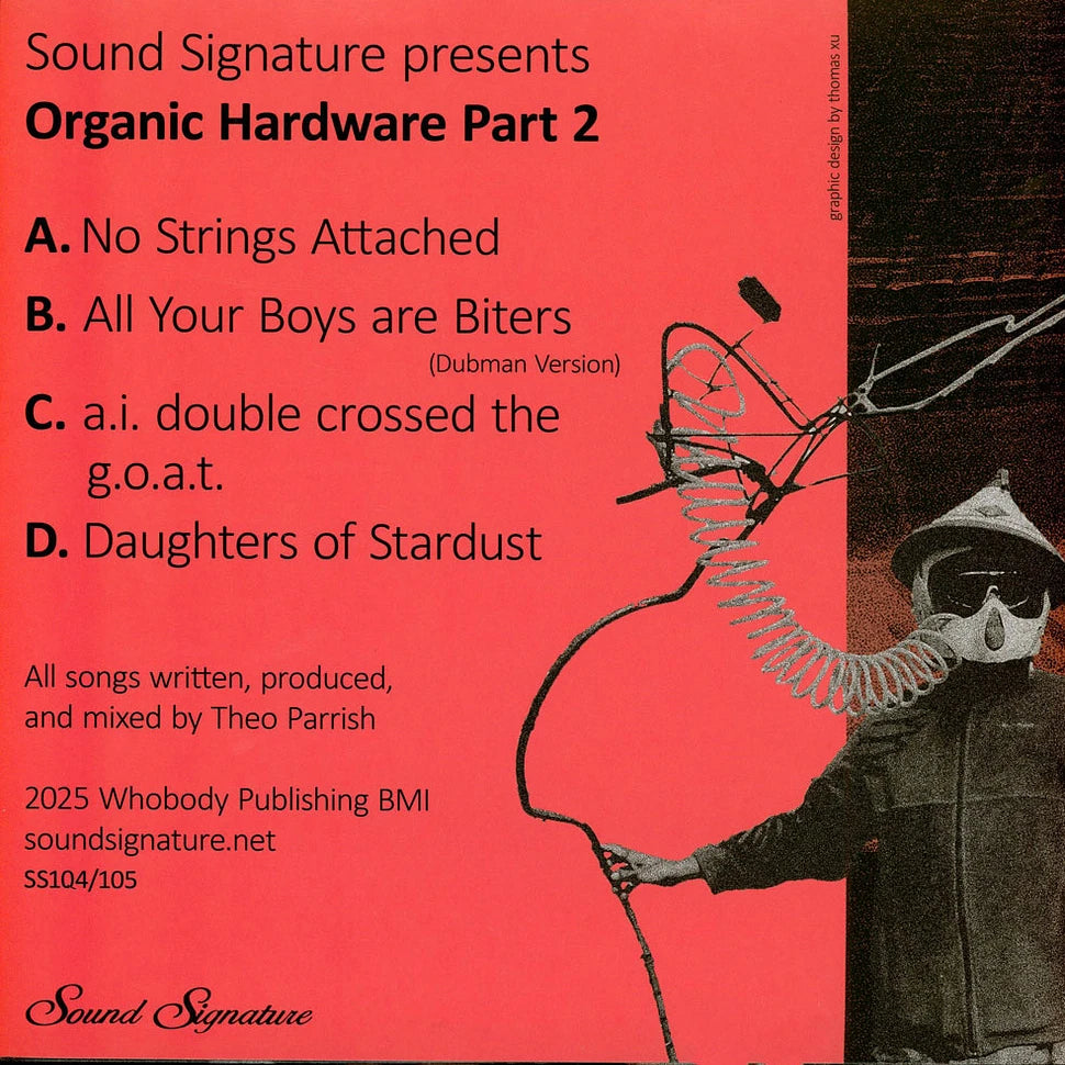 Contraportada del vinilo Theo Parrish – Organic Hardware Part 2 en Sound Signature: fondo rojo intenso con tracklist A-D, créditos y referencia SS104/105 del 2x12".
