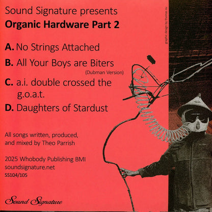 Contraportada del vinilo Theo Parrish – Organic Hardware Part 2 en Sound Signature: fondo rojo intenso con tracklist A-D, créditos y referencia SS104/105 del 2x12".