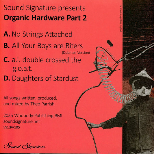 Contraportada del vinilo Theo Parrish – Organic Hardware Part 2 en Sound Signature: fondo rojo intenso con tracklist A-D, créditos y referencia SS104/105 del 2x12".
