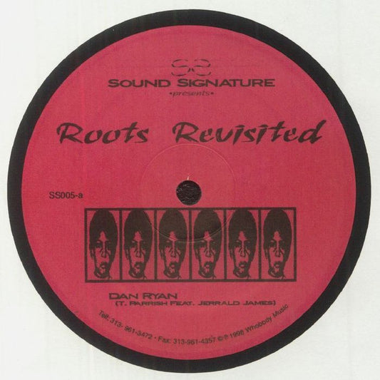 Portada delantera del vinilo Theo Parrish - Roots Revisited, publicado por Sound Signature en formato 12". Diseño rojo con tipografía negra y arte gráfico. Texto impreso: "Roots Revisited", SS005-a, "Dan Ryan (T. Parrish Feat. Jerrald James)".