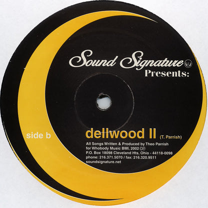 Lado B del vinilo Theo Parrish – Solitary Flight 12" en Sound Signature, label negra con arco dorado, “Dellwood II”, créditos impresos y referencia SS016.