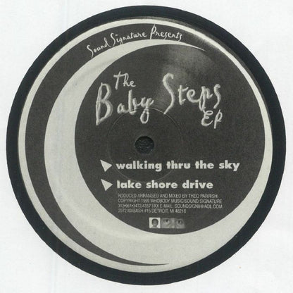 Lado B del vinilo Theo Parrish – The Baby Steps EP 12" EP en Sound Signature, etiqueta oscura con “walking thru the sky” y “lake shore drive”.
