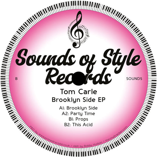 Etiqueta lado B del vinilo Tom Carle – Brooklyn Side EP en [Sounds of Style Records], lista de pistas A1-B2, créditos y catálogo SOUND5 en diseño rosa.