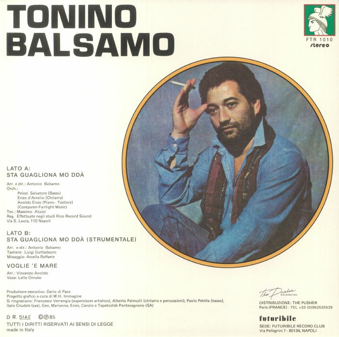 Contraportada de vinilo Tonino Balsamo – Sta Guagliona Mo Ddà, listado de pistas y créditos en edición 12" Futuribile.