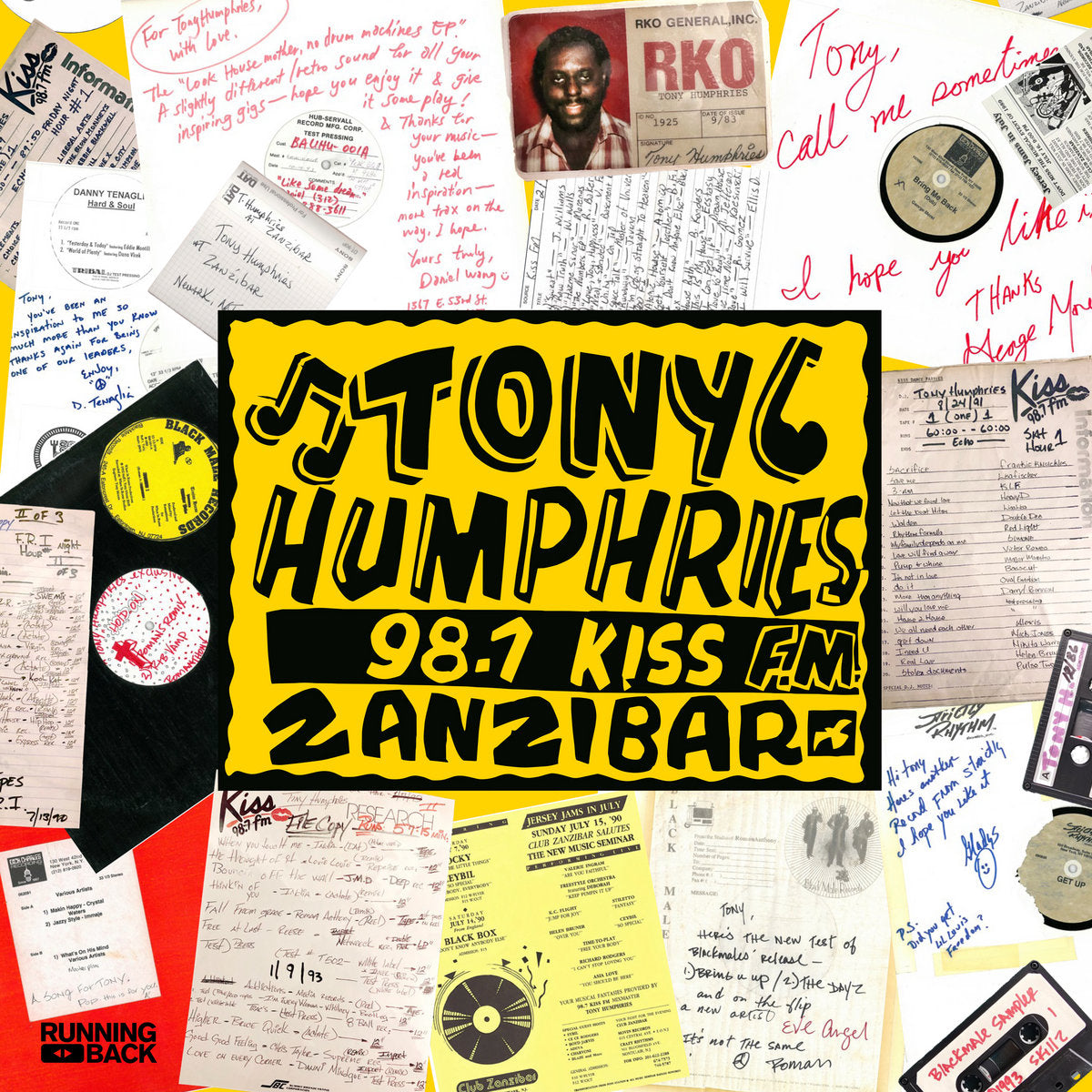 Portada del vinilo Tony Humphries – The Kiss FM Zanzibar Years (Part One), collage de archivos y letrero amarillo.