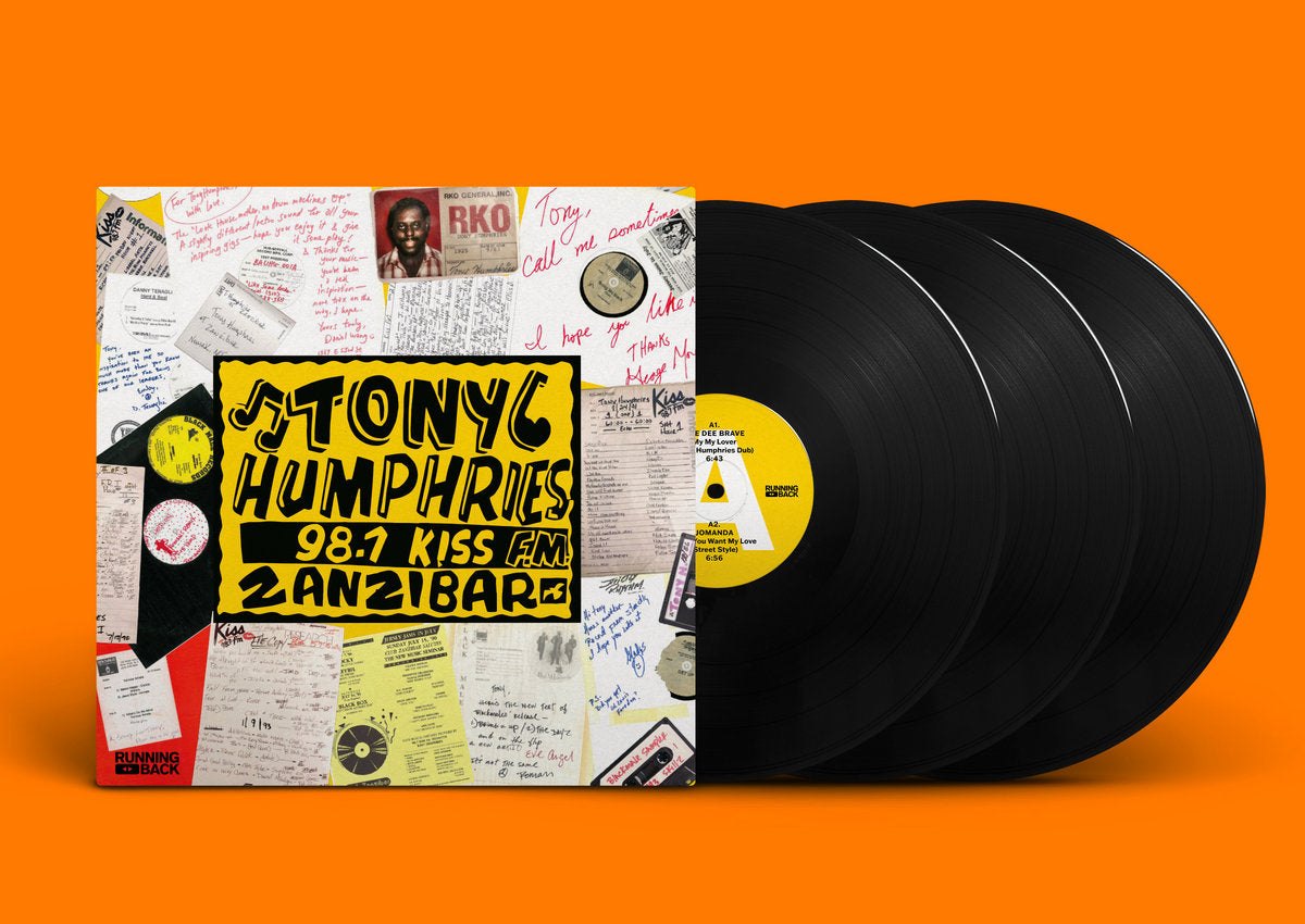 Vinilo Tony Humphries – The Kiss FM Zanzibar Years (Part One): portada y tres discos negros sobre fondo naranja.