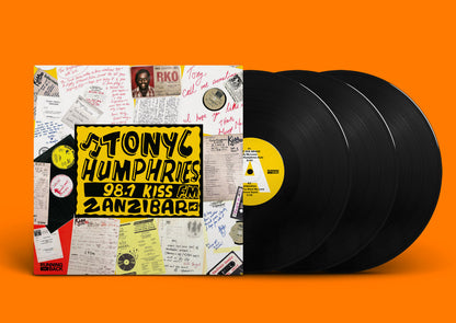 Vinilo Tony Humphries – The Kiss FM Zanzibar Years (Part One): portada y tres discos negros sobre fondo naranja.