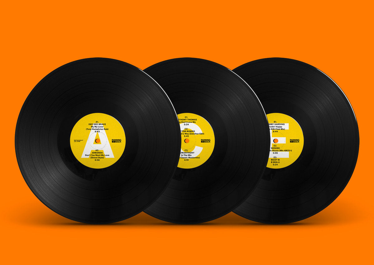 Tres discos del vinilo Tony Humphries – The Kiss FM Zanzibar Years (Part One), con etiquetas amarillas de Running Back.