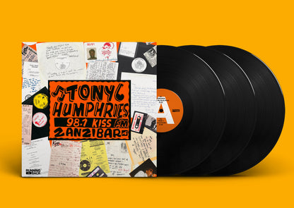 Vinilo Tony Humphries – The Kiss FM Zanzibar Years (Part Two): portada y tres discos negros sobre fondo naranja.