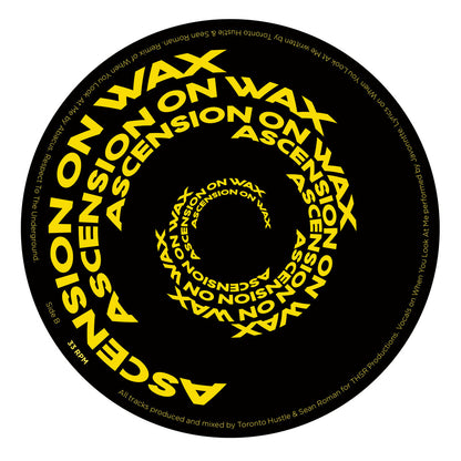 Etiqueta del lado B del vinilo Toronto Hustle & Sean Roman – The Unity EP (12", 180g), con diseño tipográfico de Ascension On Wax en espiral y créditos de producción.