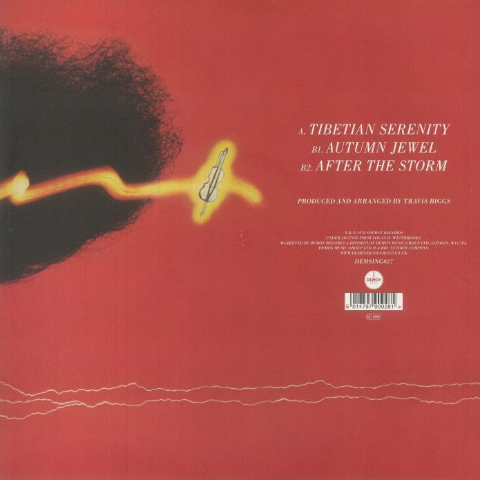 Contraportada del vinilo Travis Biggs – Tibetian Serenity 12" maxi-sencillo reedición Demon Records, con listado de pistas y arte minimalista.