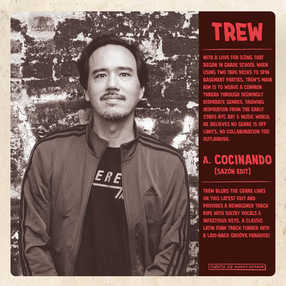 Insert interior del vinilo Trew / Maker – Trew + Maker Edits con retrato de Trew y texto sobre “Cocinando (Sazón Edit)”.