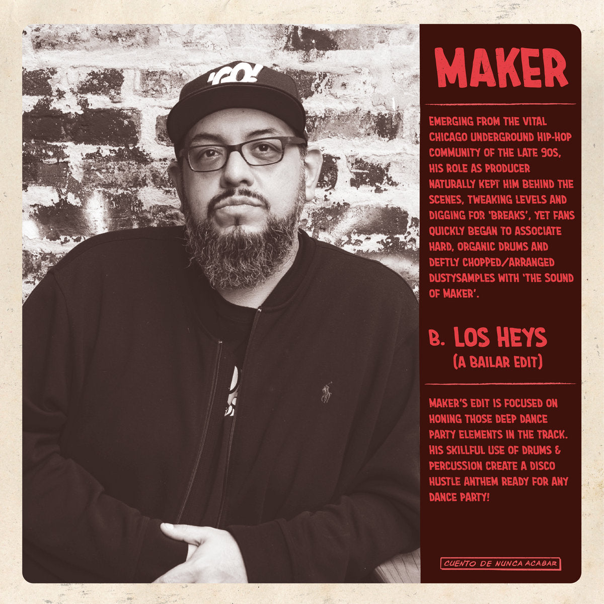 Insert interior del vinilo Trew / Maker – Trew + Maker Edits con retrato de Maker y texto sobre “Los Heys (A Bailar Edit)”.