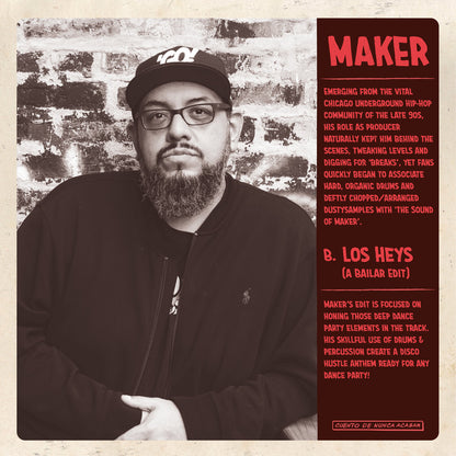 Insert interior del vinilo Trew / Maker – Trew + Maker Edits con retrato de Maker y texto sobre “Los Heys (A Bailar Edit)”.