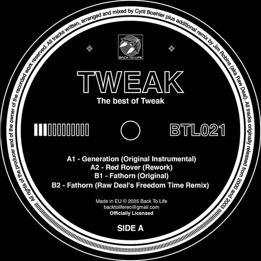 Etiqueta central del vinilo Tweak – The Best of Tweak (12", EP) del sello Back To Life. Diseño en blanco y negro con créditos, catálogo BTL021 y listado de pistas del vinilo, ideal para coleccionistas que aprecian la estética clásica de sello europeo.