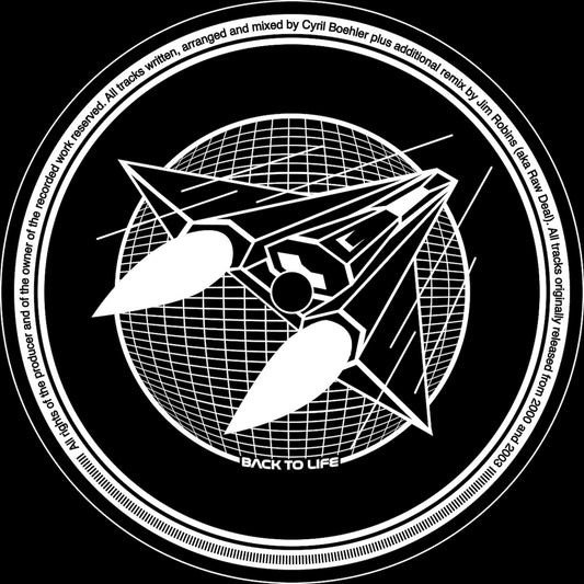 Lado B del vinilo Tweak – The Best of Tweak (12", EP) de Back To Life con ilustración retro-futurista de una nave espacial sobre una rejilla 3D, arte en blanco y negro icónico para DJs que valoran el diseño techno old-school.