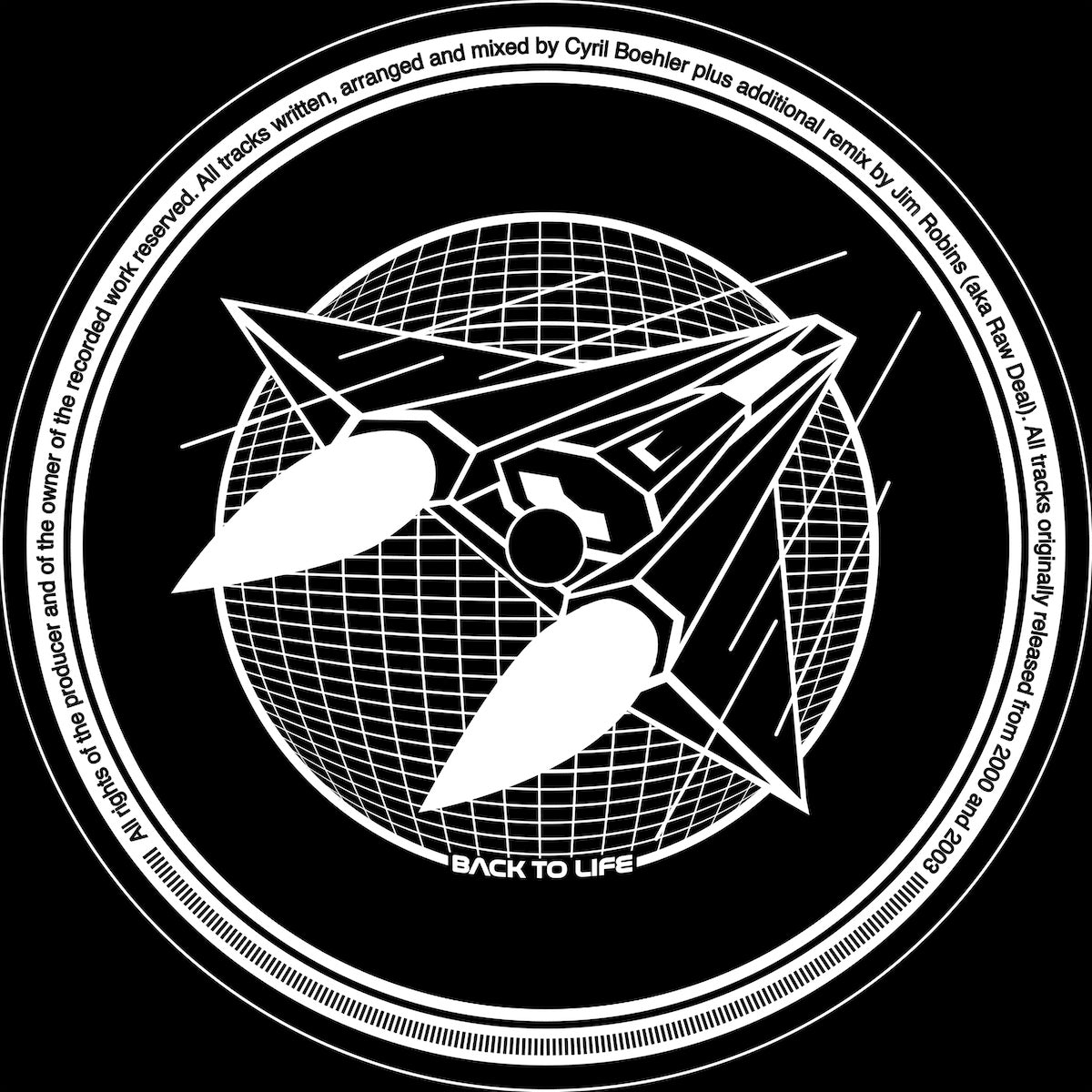Lado B del vinilo Tweak – The Best of Tweak (12", EP) de Back To Life con ilustración retro-futurista de una nave espacial sobre una rejilla 3D, arte en blanco y negro icónico para DJs que valoran el diseño techno old-school.