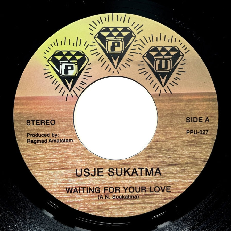 Etiqueta central del vinilo Usje Sukatma – Waiting For Your Love del sello Peoples Potential Unlimited, formato 7", 45 RPM, sencillo reimpreso, mostrando créditos, número de catálogo y arte gráfico con diamantes brillantes sobre fondo de atardecer.