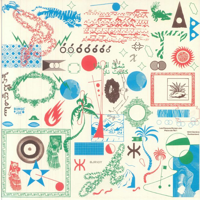 Contraportada del vinilo Varios Artistas – 2015-2025 Les Disques Bongo Joe: 10 Years of Sonic Explorations con collages gráficos, símbolos abstractos y estampados experimentales.
