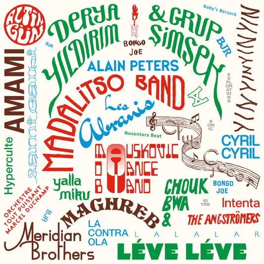 Portada colorida del vinilo Varios Artistas – 2015-2025 Les Disques Bongo Joe: 10 Years of Sonic Explorations con tipografías psicodélicas y nombres de bandas icónicas.