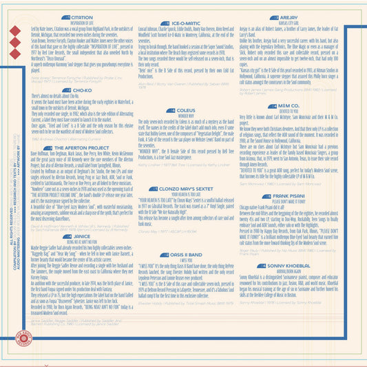 Contraportada del vinilo Varios Artistas – Box Of Delights 1st Vol. mostrando tracklist detallado, créditos y textos curatoriales del LP recopilatorio