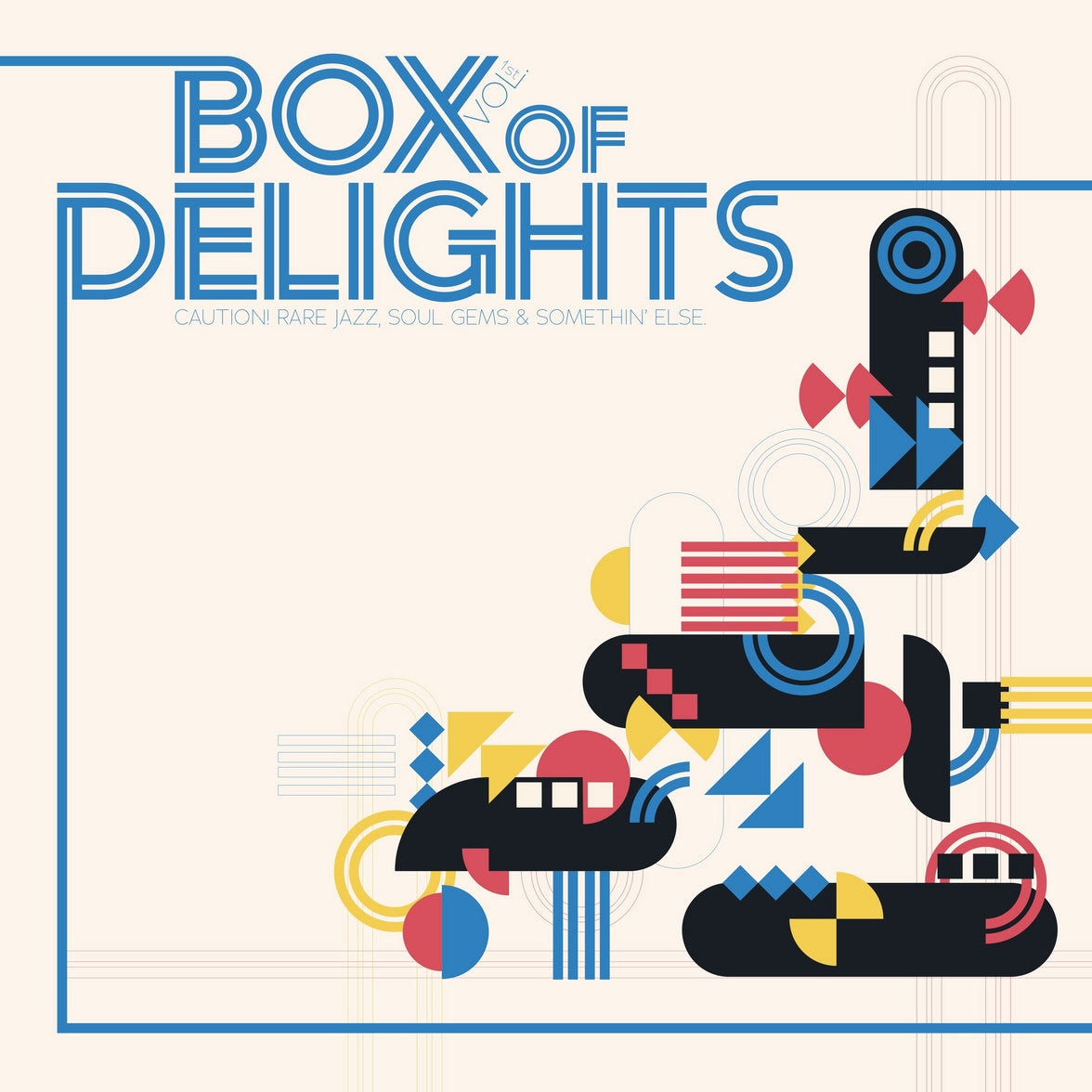 Portada del vinilo Varios Artistas – Box Of Delights 1st Vol. con diseño geométrico retro y tipografía azul, LP de Mad About Records