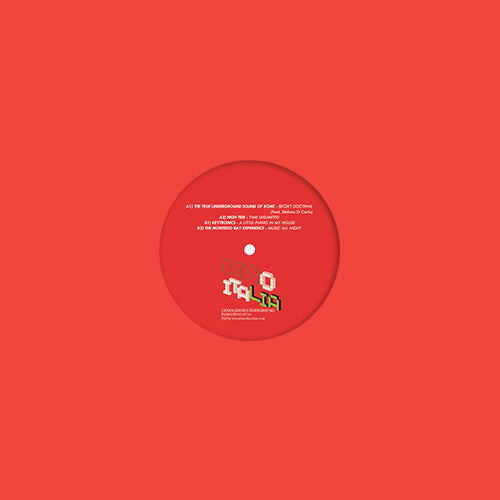 Portada del vinilo 12" Varios Artistas – Ciao Italia (Generazioni Underground) (Bonus Uno) de Rebirth, con diseño minimalista rojo y etiqueta centrada que destaca el arte gráfico del lanzamiento.