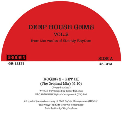 Etiqueta central lado A del vinilo Varios Artistas – Deep House Gems Vol. 2 de Groovin Recordings (12", EP), con fondo rojo, créditos de Roger S – “Get Hi (The Original Mix)” 9:10, catálogo GR-12131 y detalles de producción visibles.