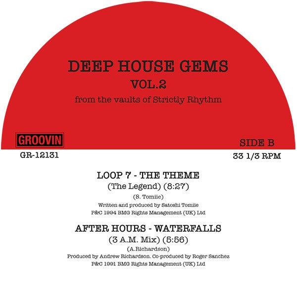 Etiqueta central lado B del vinilo Varios Artistas – Deep House Gems Vol. 2 de Groovin Recordings (12", EP), con fondo rojo, incluye las pistas “Loop 7 – The Theme (The Legend)” 8:27 y “After Hours – Waterfalls (3 A.M. Mix)” 5:56 junto a créditos y número de catálogo GR-12131.