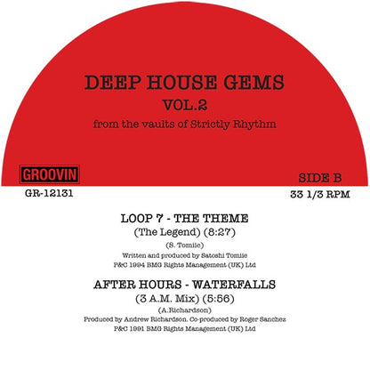 Etiqueta central lado B del vinilo Varios Artistas – Deep House Gems Vol. 2 de Groovin Recordings (12", EP), con fondo rojo, incluye las pistas “Loop 7 – The Theme (The Legend)” 8:27 y “After Hours – Waterfalls (3 A.M. Mix)” 5:56 junto a créditos y número de catálogo GR-12131.