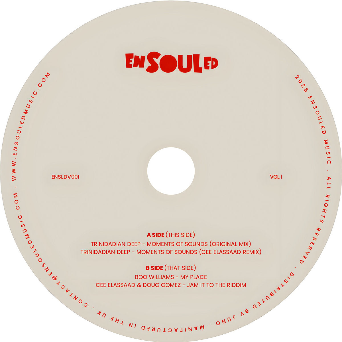 Etiqueta central del lado A del vinilo 12" de Varios Artistas – Freedom, Innovation, Resonance Vol 1 en Ensouled, pistas y créditos visibles.