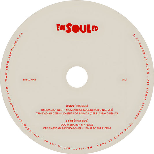 Etiqueta central del lado A del vinilo 12" de Varios Artistas – Freedom, Innovation, Resonance Vol 1 en Ensouled, pistas y créditos visibles.